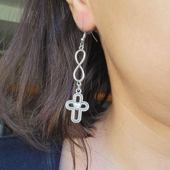 Pair of Silver Cross Infinity Drop Hook Earrings - Picture 7 of 8
